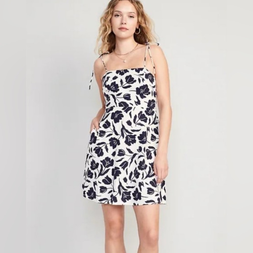 🏷️Floral Print Linen Blend Tie Strap Fit & Flare Dress